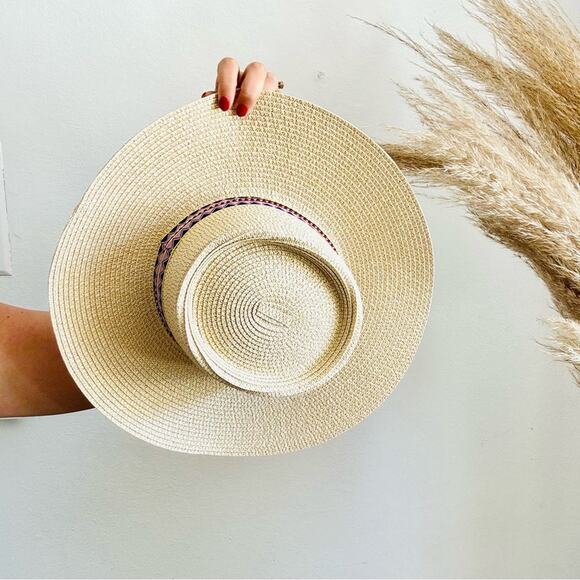 NEW ANTHROPOLOGIE Cream Tan Straw Wide Brim Floppy Purple Print Ribbon Sun Hat main image 7